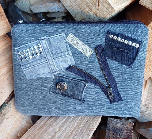 Jeans-Upcycling Mäppchen/Kosmetiktasche schwarz/grau