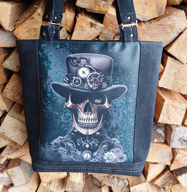 Jeans-Upcycling Shopper Skull, Gothic, Halloween