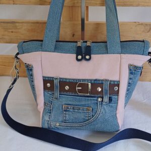 Upcycling Schultertasche „Blue-Rose“ – Jeans-Handtasche