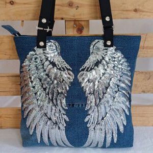 Jeans-Upcycling Shopper mit Engelsflügeln, Schultertasche